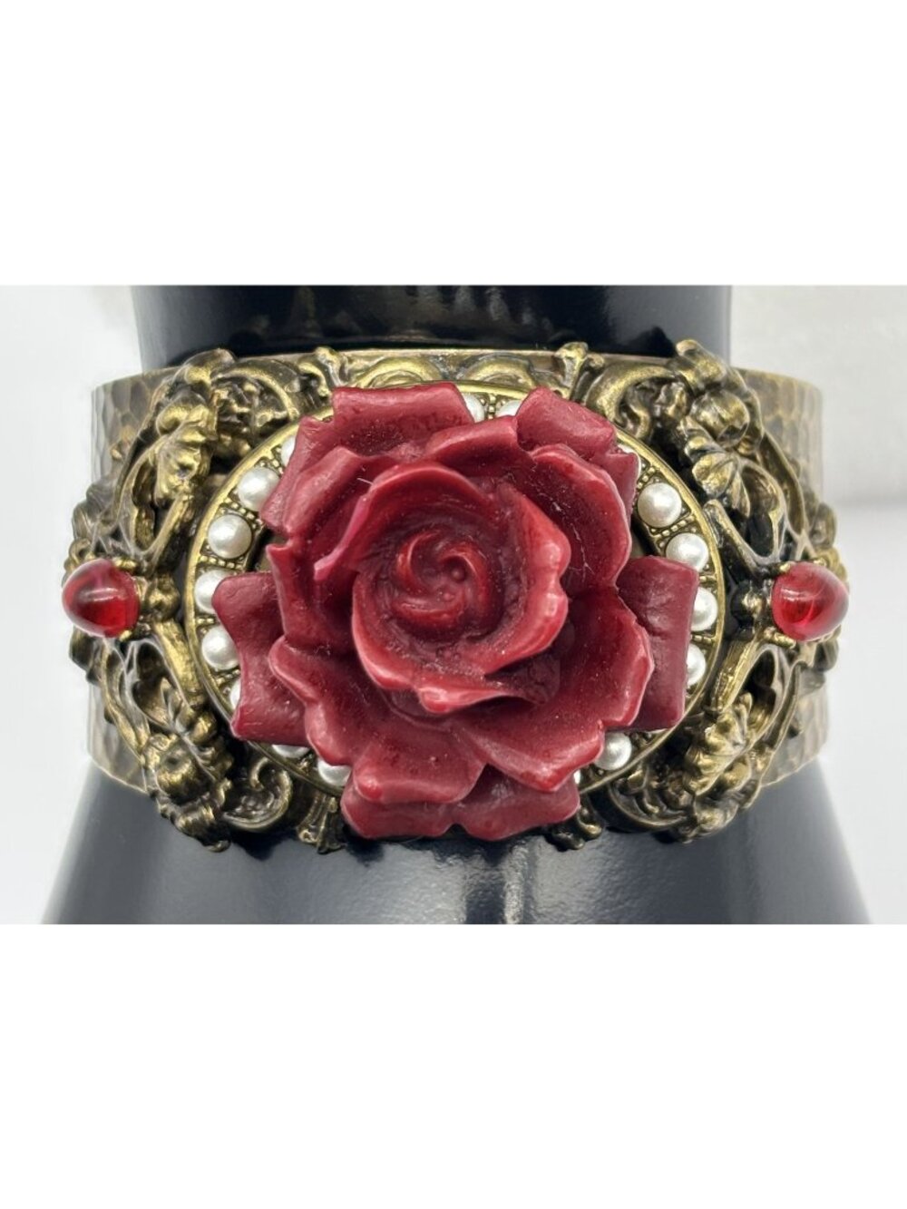 Vintage Style Ollipop Sweet Romance Cuff Bracelet Red Rose Hammered Brass Signed